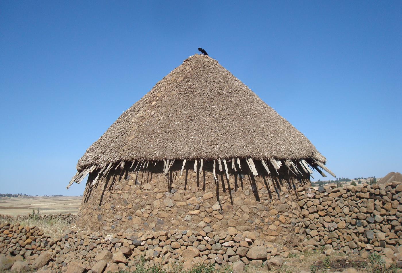 DSC036110.jpg - Un tukul, case circulaire en pierres et torchis avec un toit de chaume
