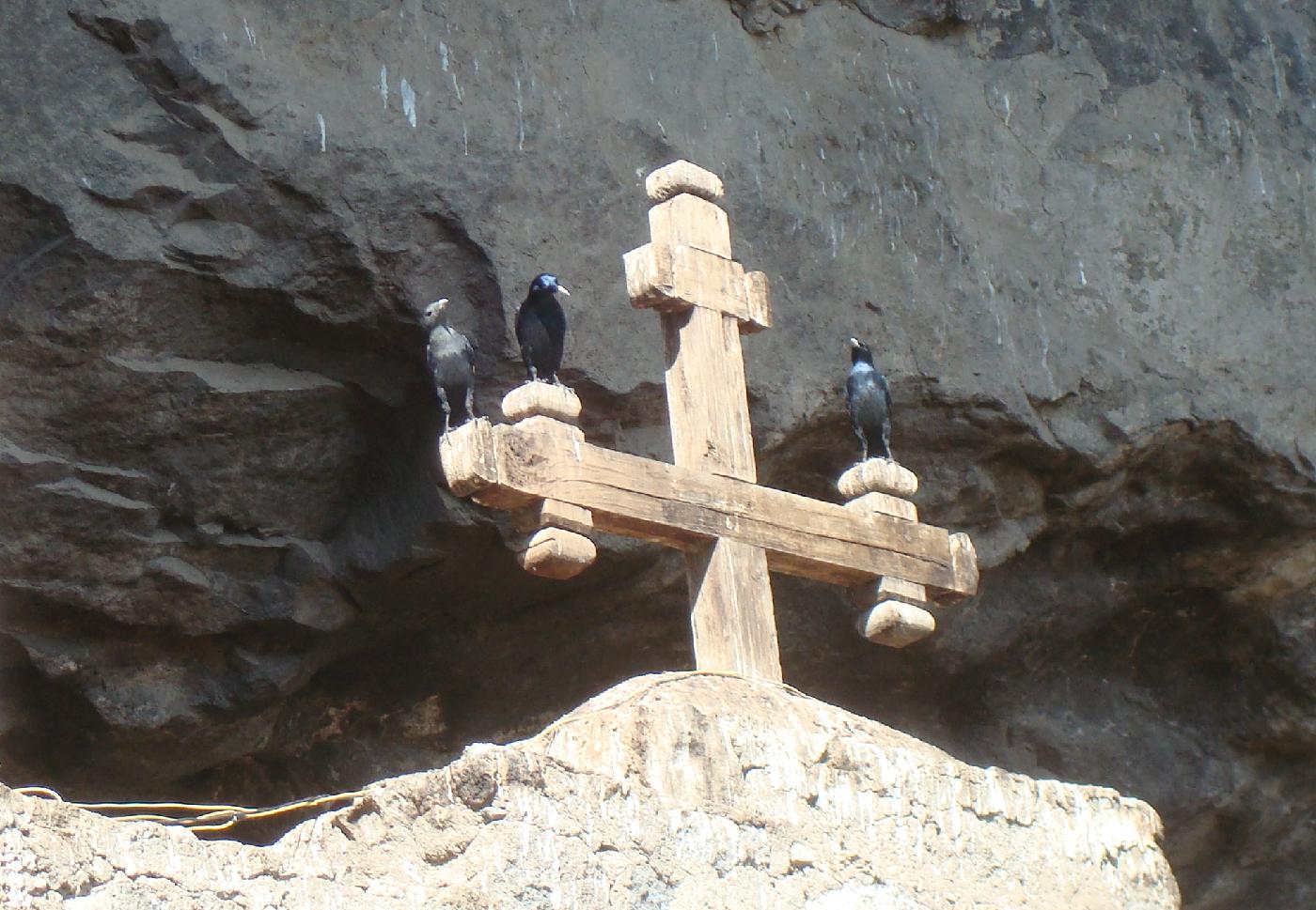 DSC035850.jpg - Une croix sert de perchoir  lentre de lglise-grotte de Nacuto Lab